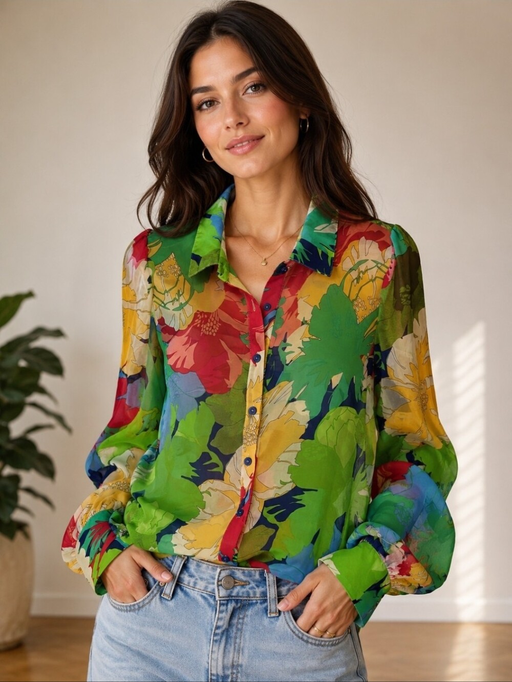 Gomorn Sheer Floral Long Sleeve Blouse Size Large 8/10 Tropical Print